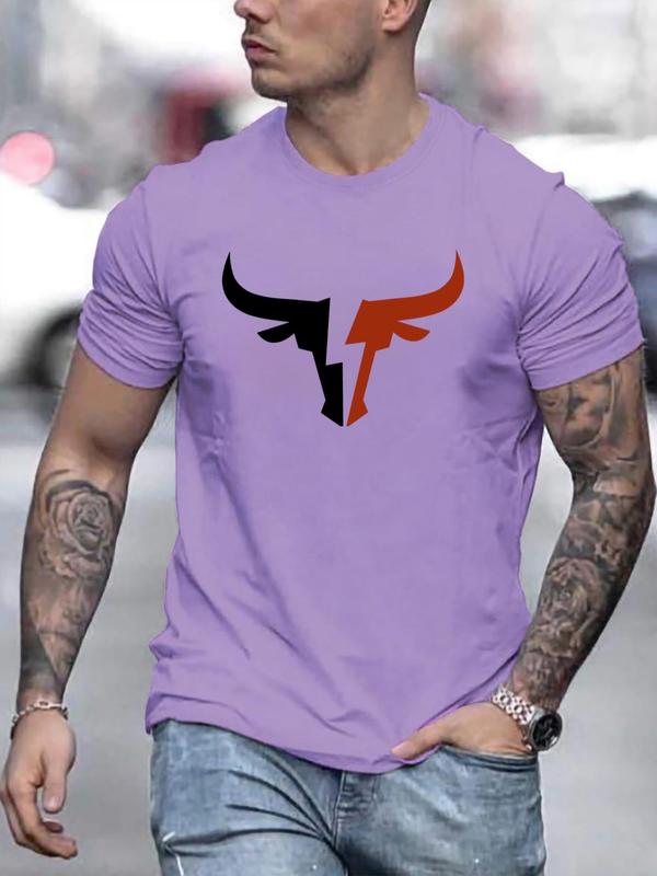 Men's Bull Print Round Neck Tee, Regular Fit Casual Streetwear Short Sleeve Graphic T-shirt, Men's Summer Clothes Tops for for Daily Wear, Summer Outfits 2024