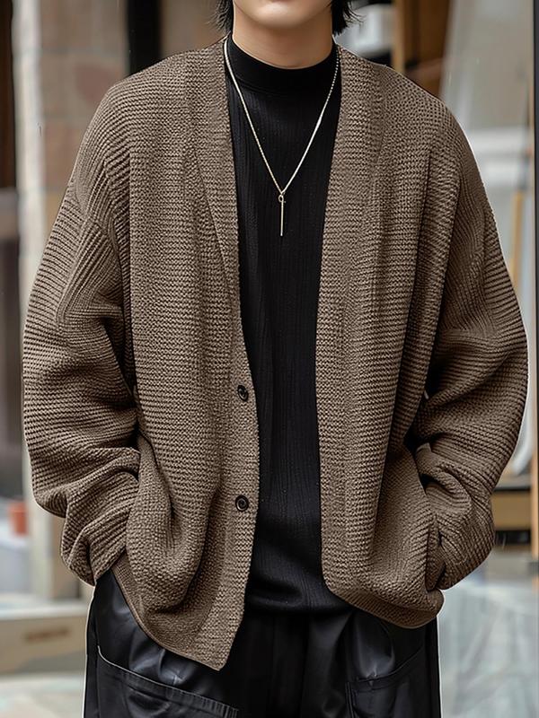 Men's Solid Color V Neck Button Front Cardigan, Loose Casual Drop Shoulder Long Sleeve Knitwear for Spring & Fall, Fashion Men's Knit Clothing for Daily Wear