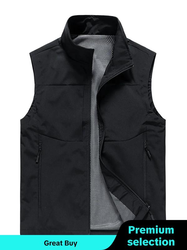 Men's Solid Zip Up Pocket Vest Jacket, Regular Fit Casual Stand Collar Sleeveless Outerwear for Spring & Fall, Men's Clothes for Daily Wear