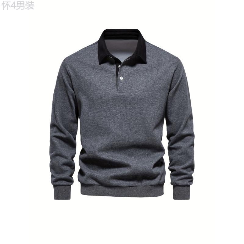 Cotton Blend Retro Color Block Men's Casual Pullover Long Sleeve Lapel Shirt For Spring Fall, Men's Clothing Collar Fabric