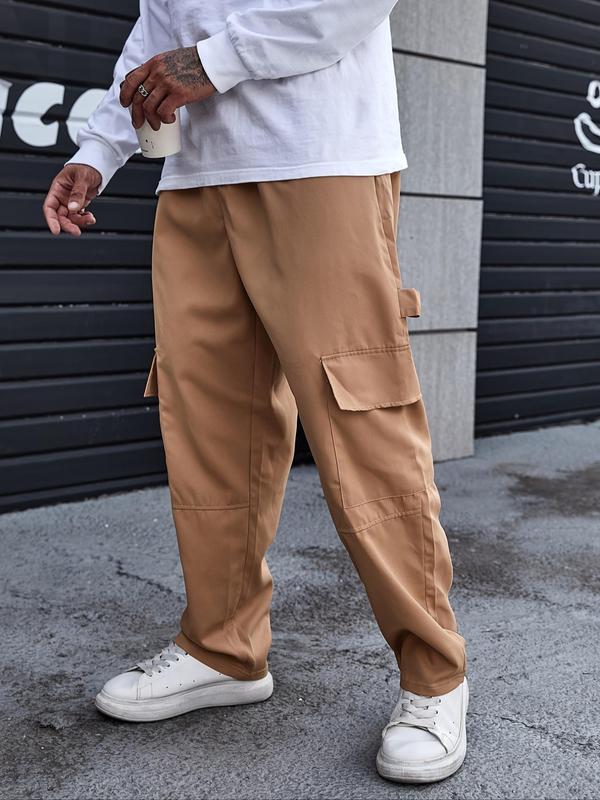 Plus Size Plain Drawstring Elastic Waist Cargo Pants, Plus Regular Fit Casual Comfy Pocket Trousers for Daily Wear, Fashion Men's Plus Bottoms for All Seasons