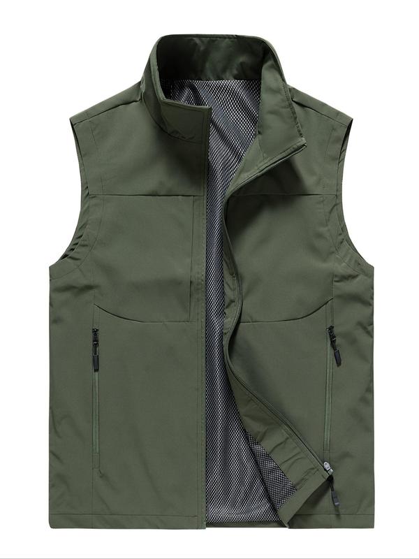 Men's Solid Zip Up Pocket Vest Jacket, Regular Fit Casual Stand Collar Sleeveless Outerwear for Spring & Fall, Men's Clothes for Daily Wear