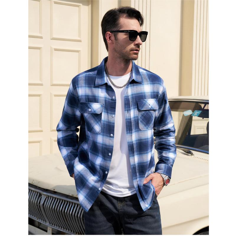 MAGCOMSEN Men's Flannel Shirts Cotton Long Sleeve Plaid Shirt Casual Button Up Shirts with 2 Pockets