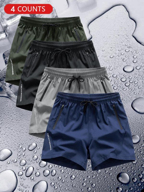 Men's Letter Print Drawstring Waist Shorts, Casual Zipper Pocket Shorts for Summer, Woven Bottoms for Men