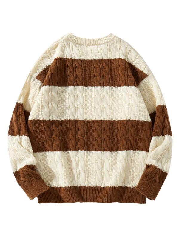 Men's Colorblock Striped Print Textured Crew Neck Sweater, Regular Fit Casual Soft Comfy Long Sleeve Jumper for Fall & Winter, Men's Knitwear for Daily Wear