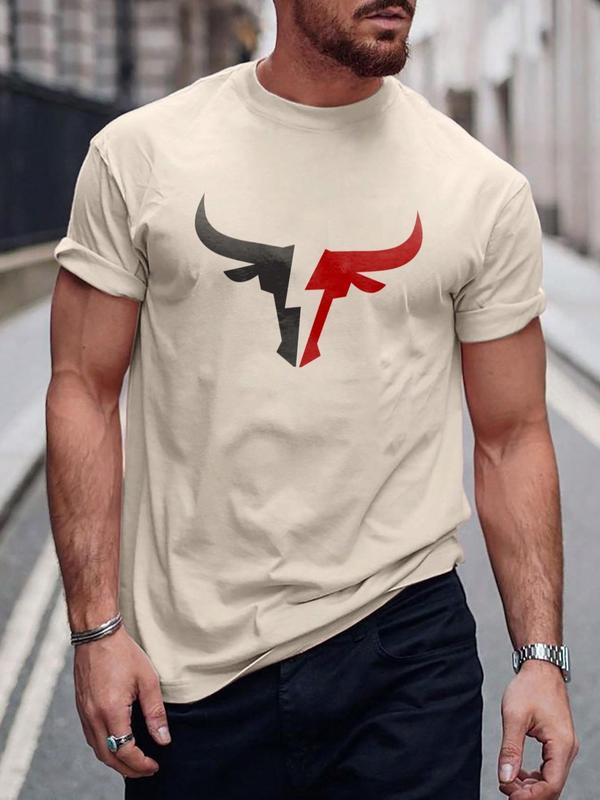 Men's Bull Print Round Neck Tee, Regular Fit Casual Streetwear Short Sleeve Graphic T-shirt, Men's Summer Clothes Tops for for Daily Wear, Summer Outfits 2024