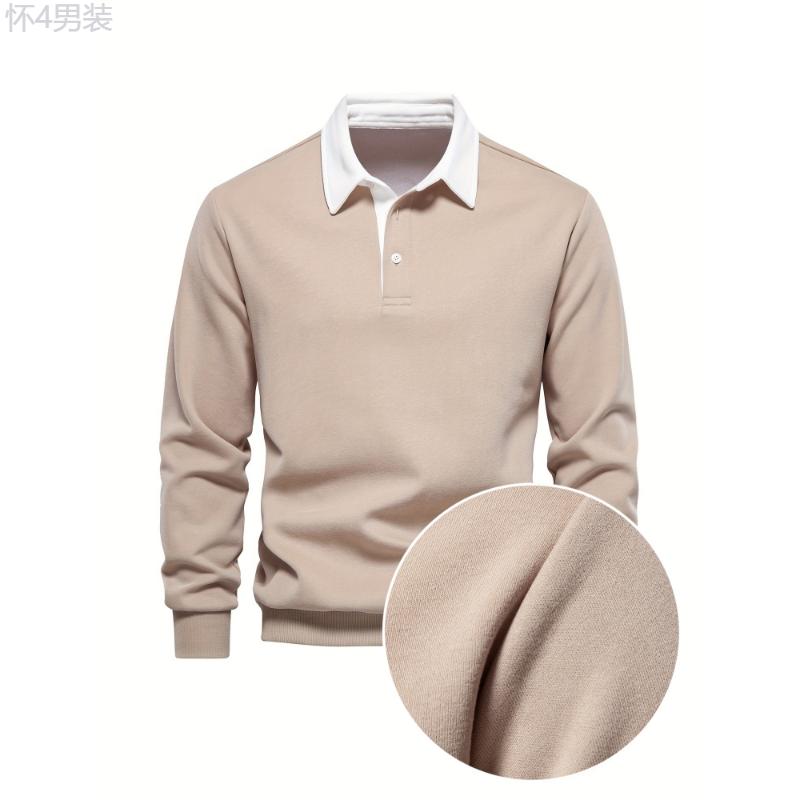 Cotton Blend Retro Color Block Men's Casual Pullover Long Sleeve Lapel Shirt For Spring Fall, Men's Clothing Collar Fabric