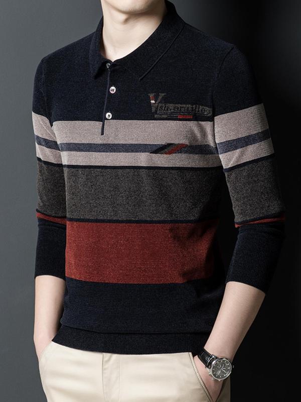 Men's Striped & Letter Print Polo Shirt, Casual Long Sleeve Half Button Top for Fall & Winter, Men's Clothes for Daily Wear