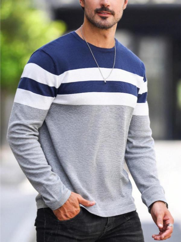 Men's Patchwork Round Neck Sweater, Casual Long Sleeve  Jumper for Fall & Winter, Fashion Men's Knitwear for Daily Wear