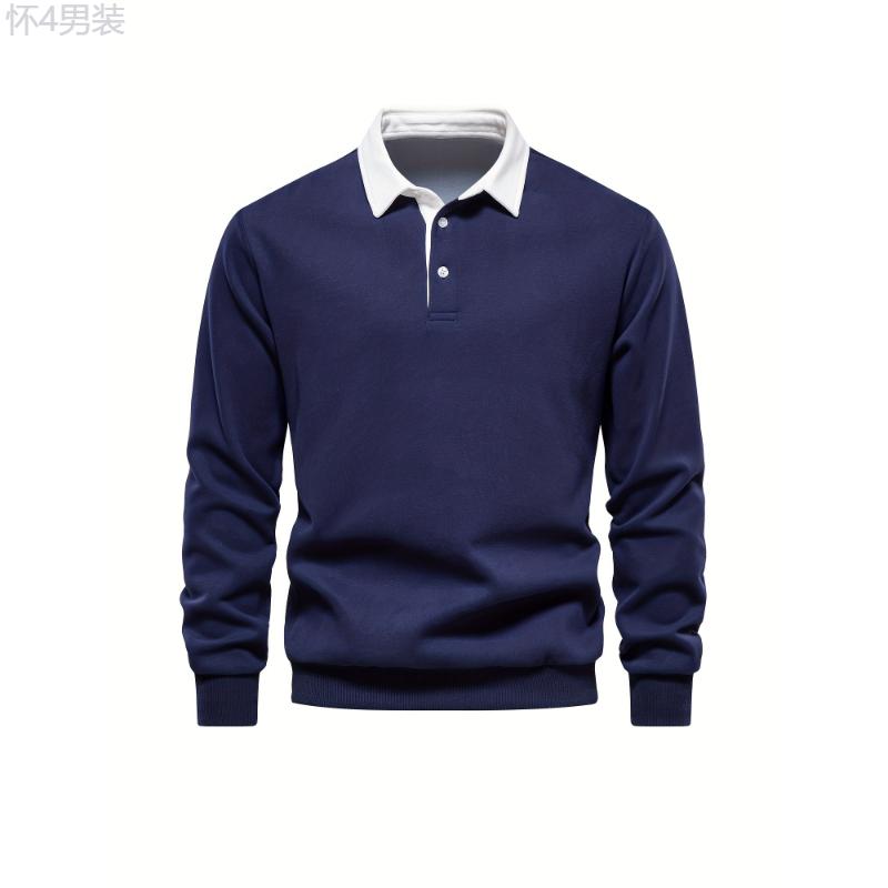 Cotton Blend Retro Color Block Men's Casual Pullover Long Sleeve Lapel Shirt For Spring Fall, Men's Clothing Collar Fabric