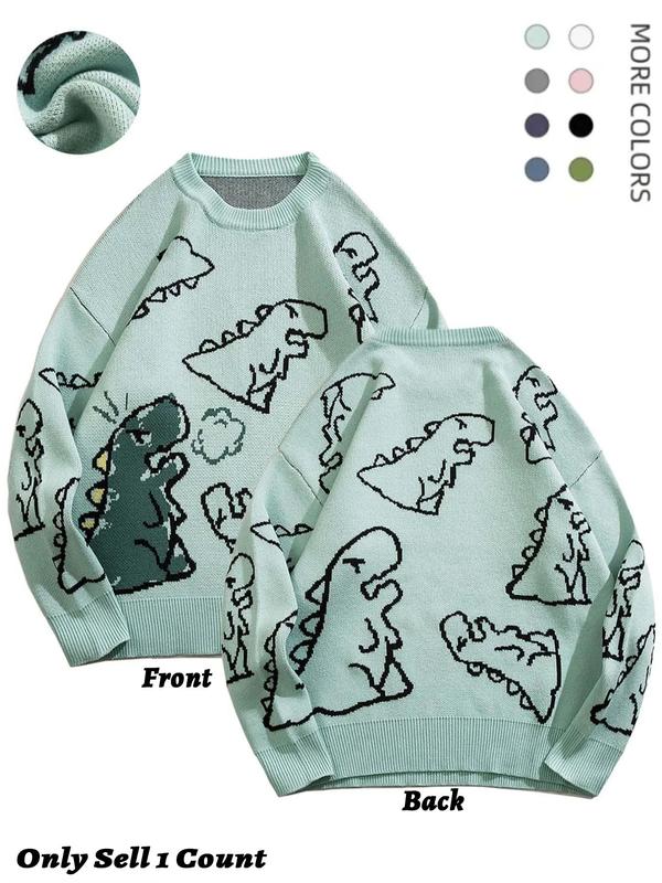 Unisex Sweater, Classic Trendy Print Round Neck Longsleeves Dinosaur Sweater, Loose Soft Crew Neck Jumper Tops for Fall & Winter, Sweater for Men, Back To School Outfits, Men's Spring Crewneck Sweatshirt Knitwear Clothes Fall Clothing Women