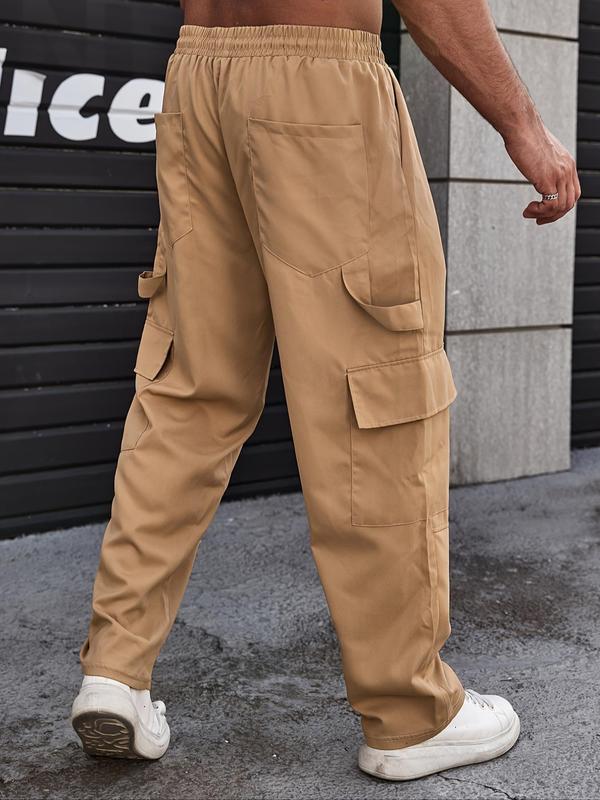 Plus Size Plain Drawstring Elastic Waist Cargo Pants, Plus Regular Fit Casual Comfy Pocket Trousers for Daily Wear, Fashion Men's Plus Bottoms for All Seasons