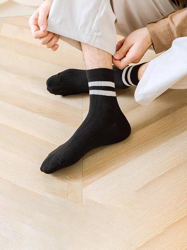 Men's Striped Print Crew Socks, Casual Comfortable Breathable Cozy Mid-calf Socks for Daily Wear, 10 Pairs Multipack Knit Socks for Spring & Fall