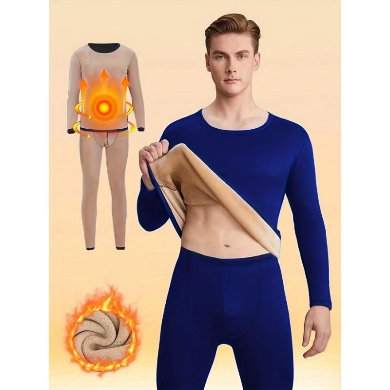 Men's Winter Thermal Underwear Set - Fleece-Lined, Long Sleeve Crew Neck Top & Pants for Ultimate Warmth