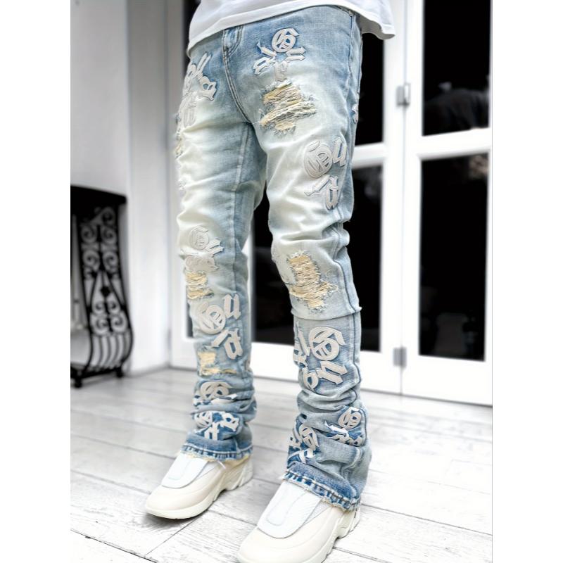 Men's Casual Letter Patchwork Skinny Jeans, Vintage Style Ripped Denim Pants Menswear Polyester