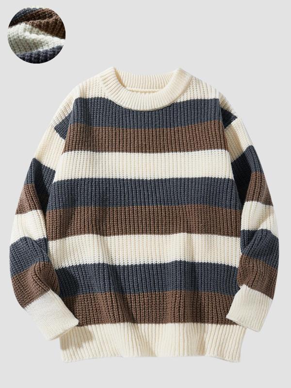 Men's Colorblock Striped Print Round Neck Pullover Sweater, Fall Sweaters, Casual Long Sleeve Crew Neck Jumper for Fall & Winter, Fashion Cozy Chic Men's Knitwear for Daily Wear