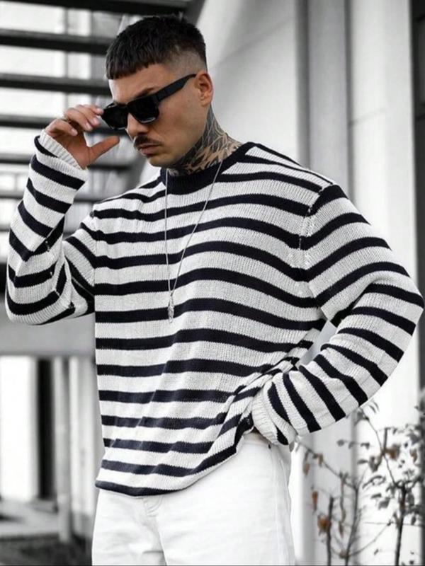 Men's Colorblock Striped Print Round Neck Sweater, Loose Casual Long Sleeve Crew Neck Jumper for Fall & Winter, Fashion Men's Knitwear for Daily Wear