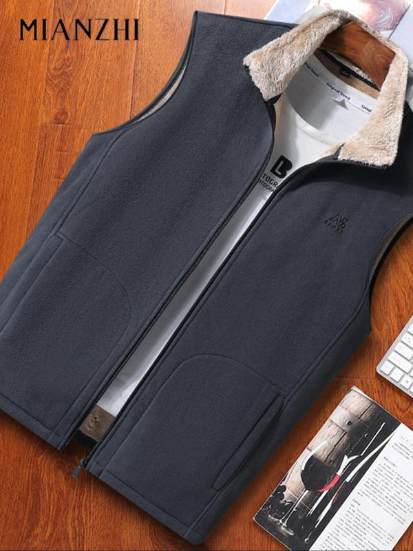 Men's Solid Pocket Zipper Warm Waistcoat, Regular Fit Casual Stand Collar Sleeveless Outerwear for Spring & Fall, Men's Clothes for Daily Wear