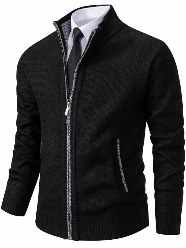 Men's Solid Color Pocket Zipper Cardigan, Regular Fit Casual Long Sleeve Stand Collar Knitwear for Spring & Fall, Menswear for Daily Wear