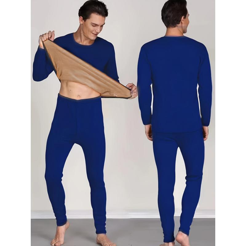 Men's Winter Thermal Underwear Set - Fleece-Lined, Long Sleeve Crew Neck Top & Pants for Ultimate Warmth