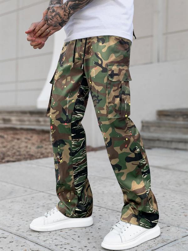 Unisex Regular Fit Camo Print Drawstring Waist Cargo Pants, Street Fashion Casual Camouflage Pocket Trousers for Daily Wear, Menswear, Cargo Pants for Men, Summer Outfits 2024, 2000s Pants, Comfy Clothes for Men Y2K