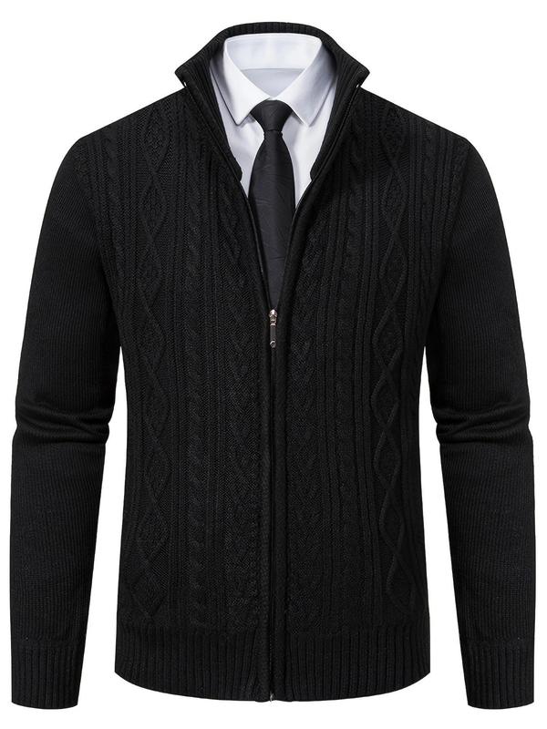 Men's Textured Zipper Stand Collar Cardigan, Regular Fit Casual Long Sleeve Knitwear for Fall & Winter, Men's Knit Clothing for Daily Wear