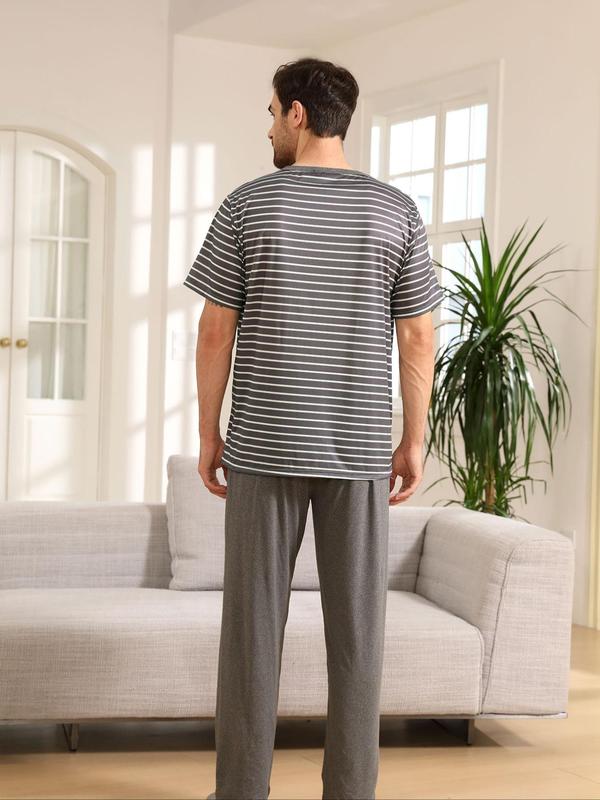 Men's 2pcs Striped Print Short Sleeve Tee & Elastic Waist Pants Loungewear Set, Casual Comfy Round Neck T-Shirt & Trousers PJ Set, Sleepwear Set for Men