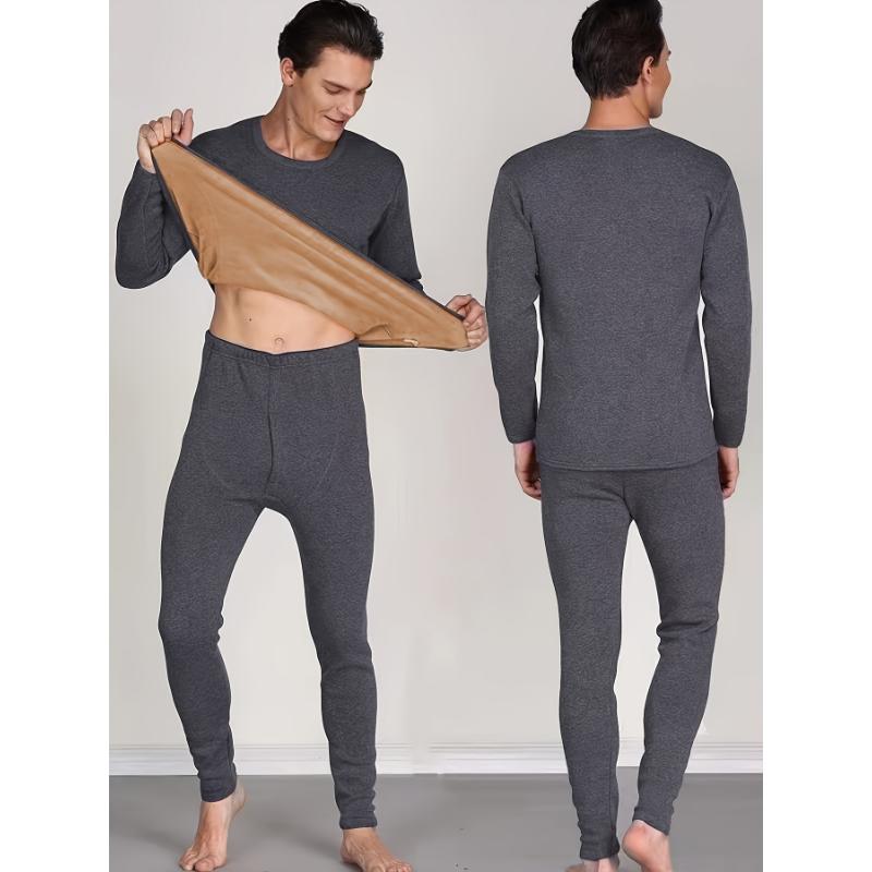 Men's Winter Thermal Underwear Set - Fleece-Lined, Long Sleeve Crew Neck Top & Pants for Ultimate Warmth