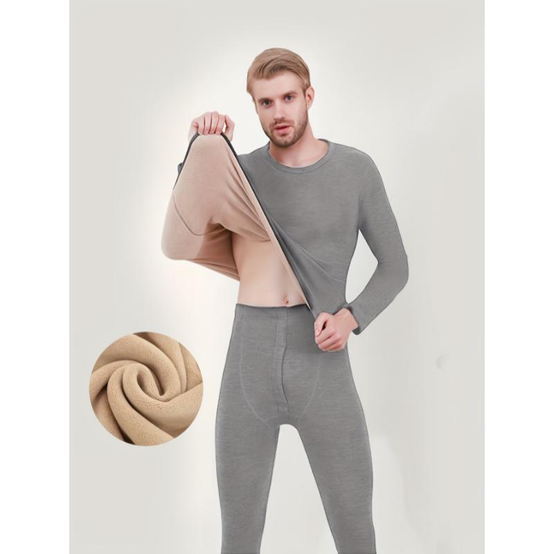 Men's Winter Thermal Underwear Set - Fleece-Lined, Long Sleeve Crew Neck Top & Pants for Ultimate Warmth