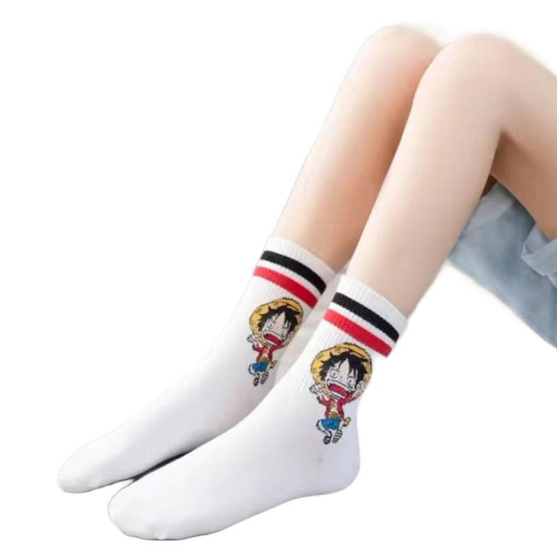 5 Pairs of One Piece Anime Printed Cotton Long Socks (White one size fits small )  Everyday Soft Cute