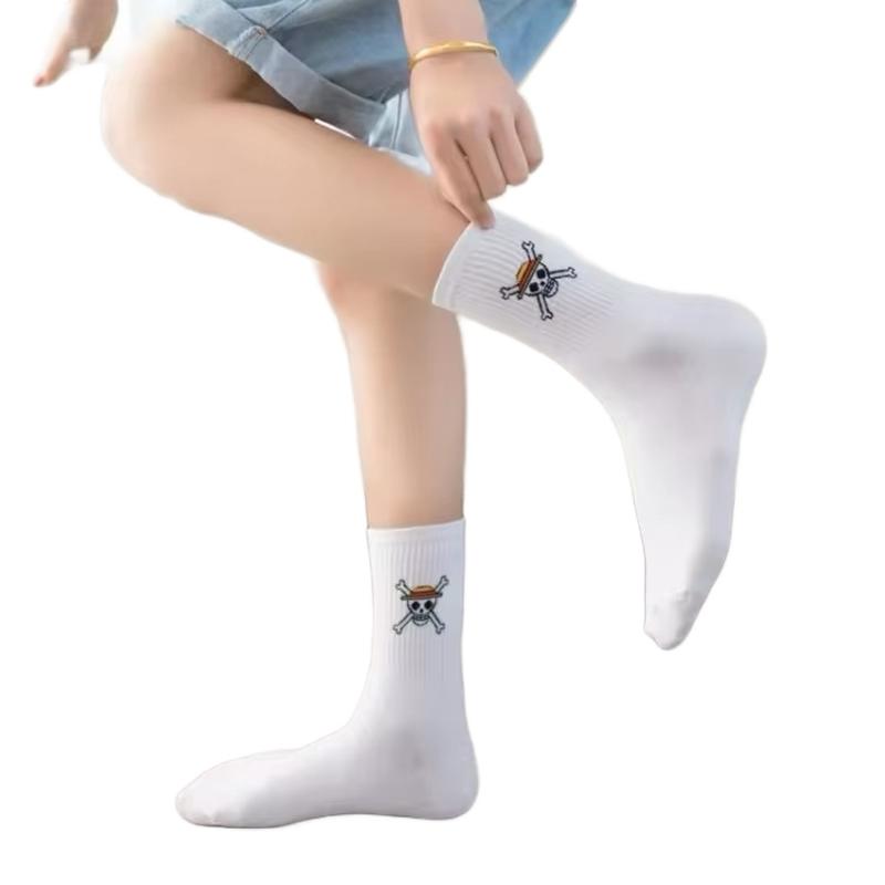 5 Pairs of One Piece Anime Printed Cotton Long Socks (White one size fits small )  Everyday Soft Cute