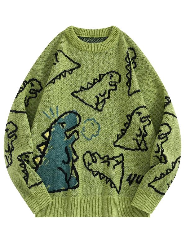 Men's Cartoon Dinosaur Print Round Neck Sweater Pullover, Regular Fit Casual Long Sleeve Crew Neck Jumper for Fall & Winter, Fashion Men's Knitwear for Daily Wear