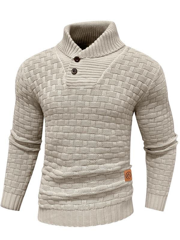 Men's Regular Textured Patched Detail Shawl Collar Sweater, Casual Long Sleeve Jumper for Fall & Winter, Fashion Men's Knitwear for Daily Wear