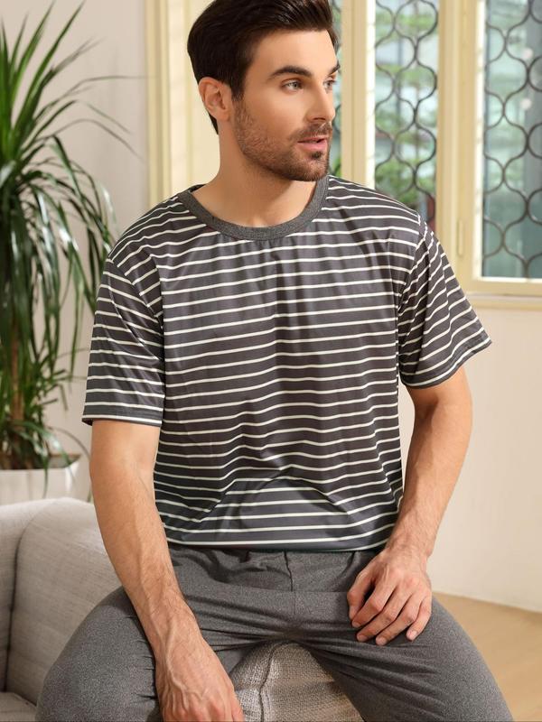 Men's 2pcs Striped Print Short Sleeve Tee & Elastic Waist Pants Loungewear Set, Casual Comfy Round Neck T-Shirt & Trousers PJ Set, Sleepwear Set for Men