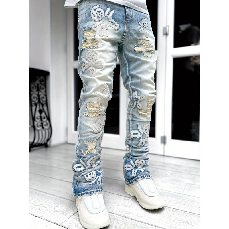 Men's Casual Letter Patchwork Skinny Jeans, Vintage Style Ripped Denim Pants Menswear Polyester