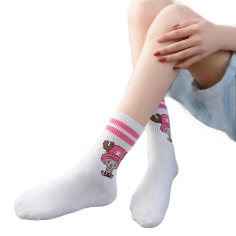 5 Pairs of One Piece Anime Printed Cotton Long Socks (White one size fits small )  Everyday Soft Cute