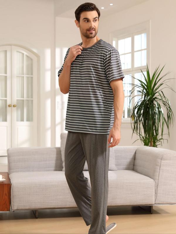 Men's 2pcs Striped Print Short Sleeve Tee & Elastic Waist Pants Loungewear Set, Casual Comfy Round Neck T-Shirt & Trousers PJ Set, Sleepwear Set for Men