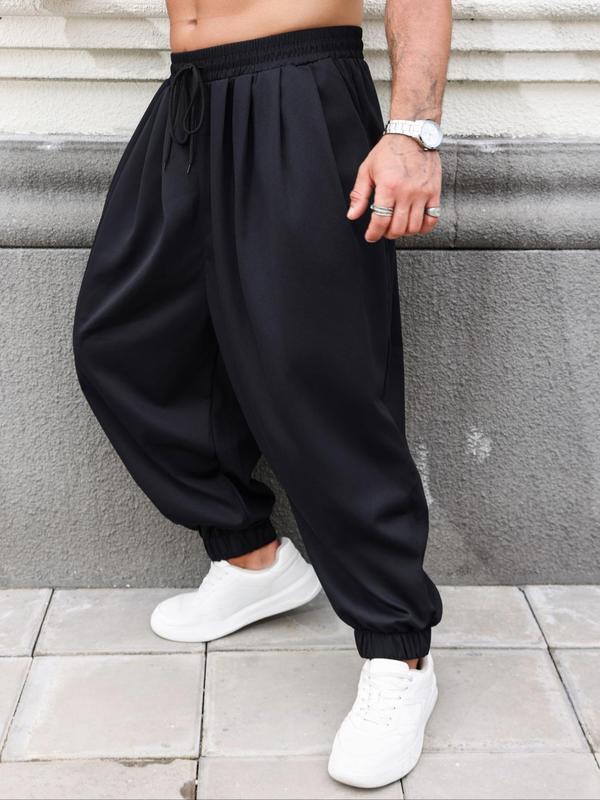  Solid Pocket Drawstring Waist Wide Leg Pants, 2024 New Style Casual Comfy Loose Trousers for Daily Wear, Men's Bottoms for All Seasons