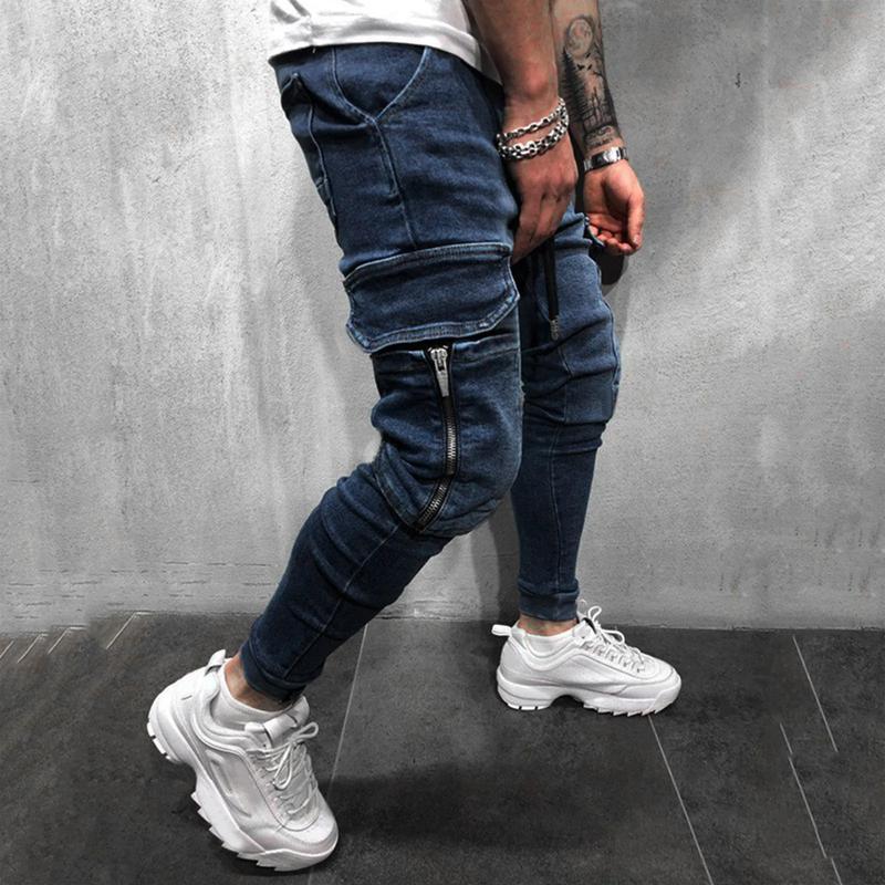 Street Elastic Jeans Men Denim Cargo Pants Wash Solid Color Multi Pockets Casual Mid Waist Trousers Slim Fit Daily Wear Joggers