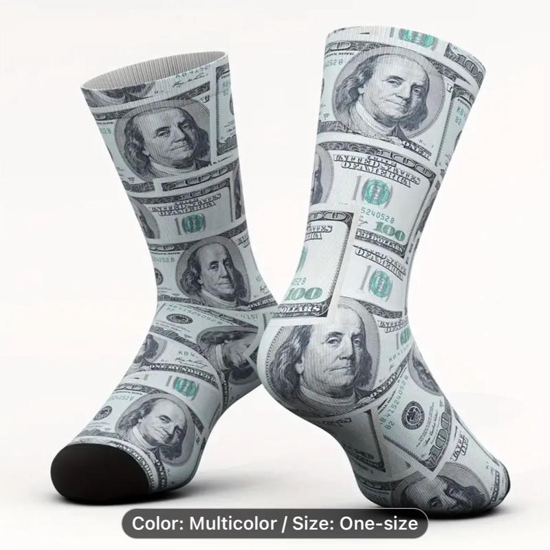 Novelty Printed Money Pattern Bamboo Fiber Socks for Men, One-Size Fits All, Mid-Calf Crew, Breathable and Comfortable - unisex