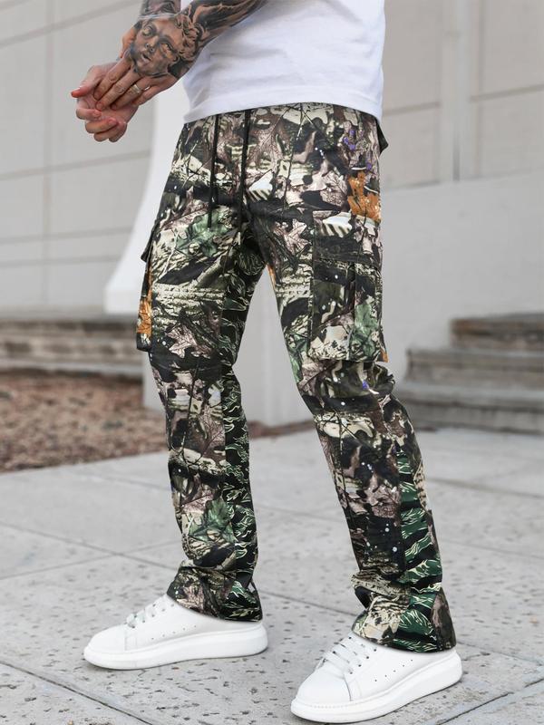 Unisex Regular Fit Camo Print Drawstring Waist Cargo Pants, Street Fashion Casual Camouflage Pocket Trousers for Daily Wear, Menswear, Cargo Pants for Men, Summer Outfits 2024, 2000s Pants, Comfy Clothes for Men Y2K