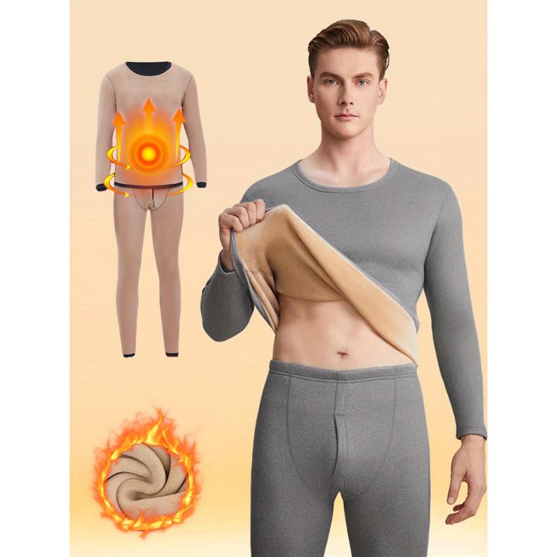 Men's Winter Thermal Underwear Set - Fleece-Lined, Long Sleeve Crew Neck Top & Pants for Ultimate Warmth