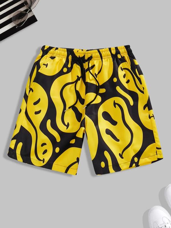 Men's All Over Print Drawstring Shorts, Summer Outfits 2024, Men's Clothing, Back To School Outfits, Regular Fit Casual Pocket Elastic Waist Straight Leg Shorts for Summer, Woven Bottoms for Men