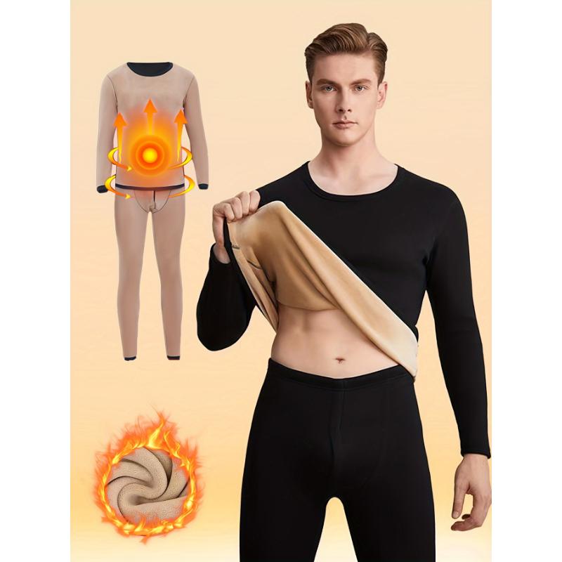 Men's Winter Thermal Underwear Set - Fleece-Lined, Long Sleeve Crew Neck Top & Pants for Ultimate Warmth