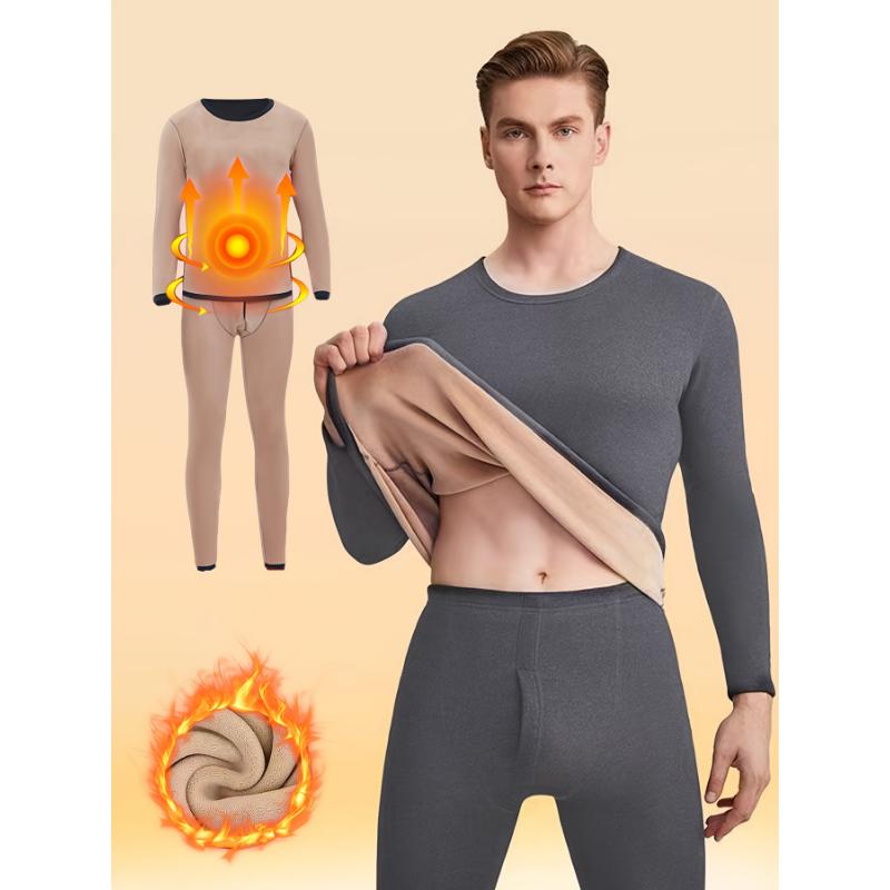 Men's Winter Thermal Underwear Set - Fleece-Lined, Long Sleeve Crew Neck Top & Pants for Ultimate Warmth