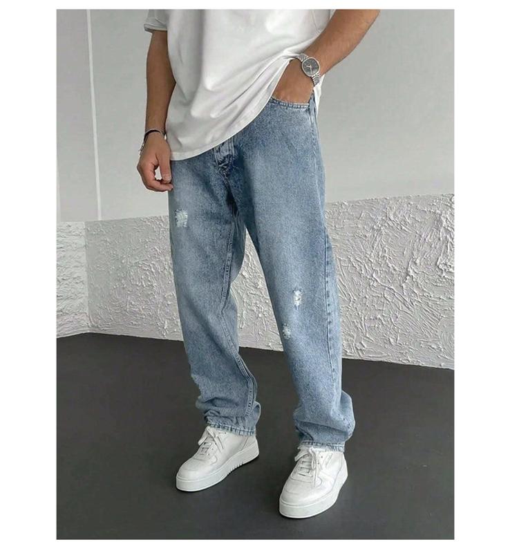 Men's Ripped Straight Leg Jeans - Stylish and Comfortable - Menswear, 6 Pockets Casual Denim