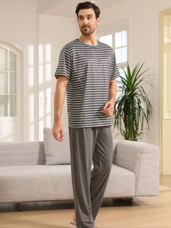 Men's 2pcs Striped Print Short Sleeve Tee & Elastic Waist Pants Loungewear Set, Casual Comfy Round Neck T-Shirt & Trousers PJ Set, Sleepwear Set for Men