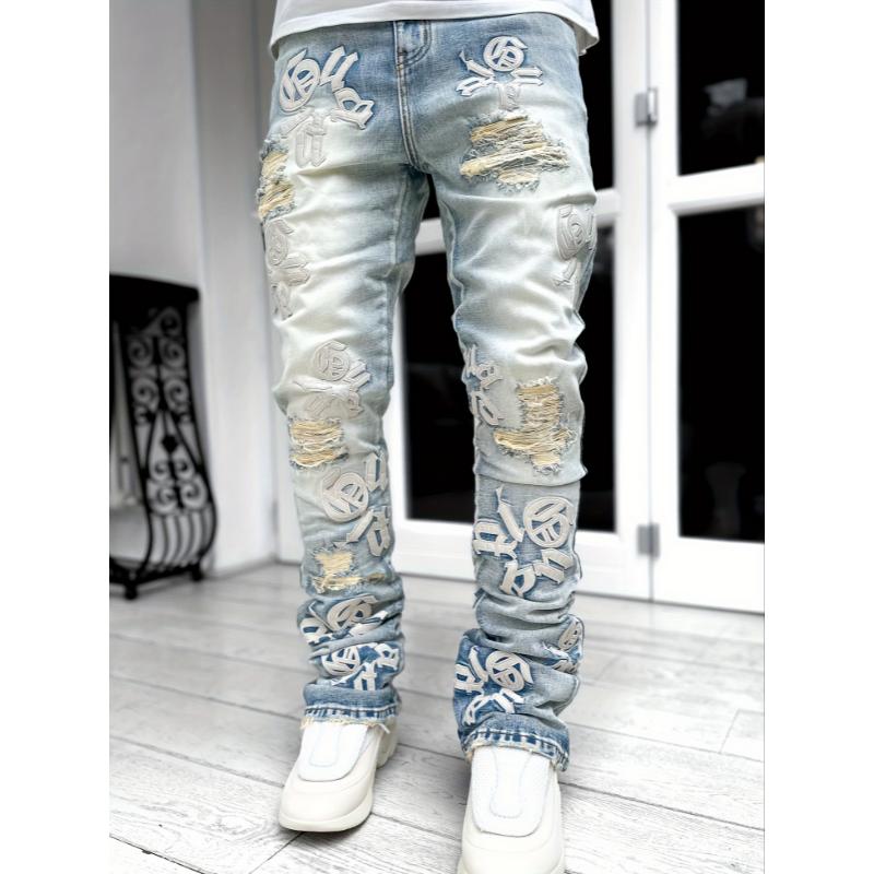 Men's Casual Letter Patchwork Skinny Jeans, Vintage Style Ripped Denim Pants Menswear Polyester