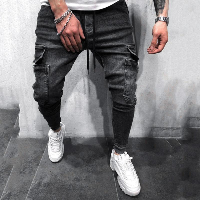 Street Elastic Jeans Men Denim Cargo Pants Wash Solid Color Multi Pockets Casual Mid Waist Trousers Slim Fit Daily Wear Joggers