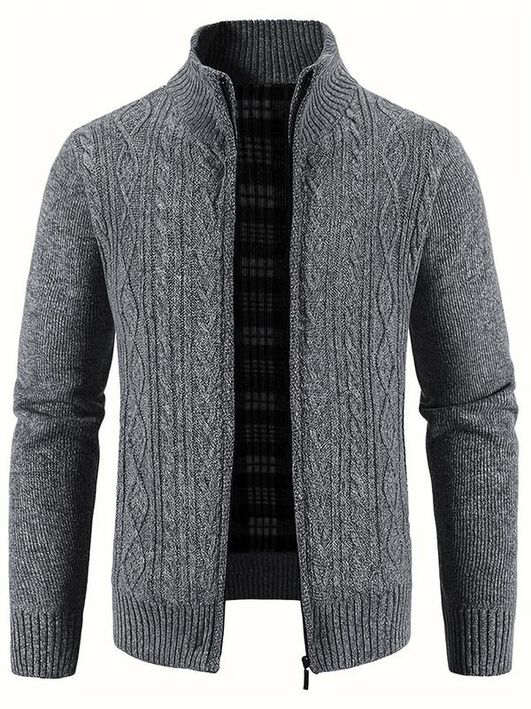 Men's Textured Zipper Stand Collar Cardigan, Regular Fit Casual Long Sleeve Knitwear for Fall & Winter, Men's Knit Clothing for Daily Wear